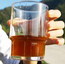 醸造期間の長い福山黒酢は美しい琥珀色をしており、香りもよく味は芳醇かつまろやか